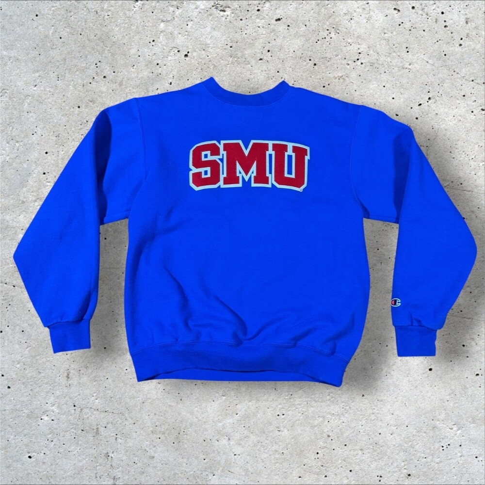 SMU Champion Sweatshirt Mens Small Blue NCAA Football Mustangs Applique Crewneck